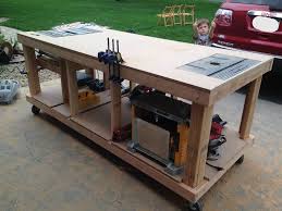 Table Saw And Router Table In Set Into Workbench Workbench Garage Work Bench Diy Workbench