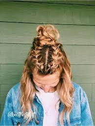 Braided Top Knot Hairstyle Hairstyles For Medium To Long Hair Blonde Hair With Shadow Root Braided Top Knots Top Knot Hairstyles Long Hair Styles