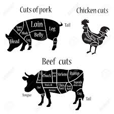 Vector Illustration Chicken Cow And Pork Cuts Diagramm Or Chart