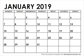 Blank Calendar January 2019 Monday Start Weekly Calendar Template Calendar Template Blank Calendar