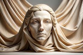 Escultura De La Cara De Madera Estilizada Envuelta En Tela De Crema Stock  de ilustración