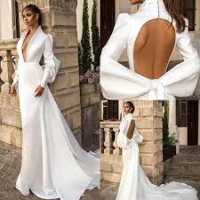 2017 wedding dresses and bridal gowns by morilee. Plunging Deep V Neck 2020 Satin Mermaid Wedding Dresses Sexy Open Back Long Sleeve Sweep Train Boho Bridal Gowns Wedding Dresses Aliexpress
