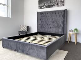 The bed frame is well designed and engineered. Aspen Queen Bed Frame Studded Fabric Grey Plush Velvet Upholstered Tall Headboard Tufts