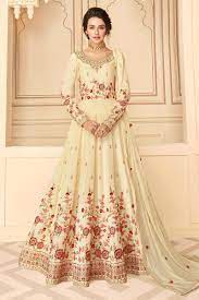 Looking to buy anarkali online? Buy Party Wear Silk Anarkali In Pale Yellow With Beautiful Floral Zari Embroidery Online Like A Diva