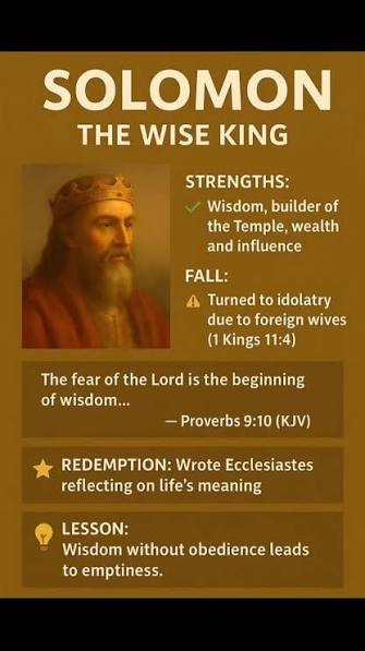 My Bible Hero: 👑📚 Solomon – The Wise King, ✅ Strengths: Wisdom, builder  of the Temple, wealth and influence, ⚠️ Fall: Turned to idolatry due to  foreign wives (1 Kings 11:4), 🌟 Redemption: Wrote ...