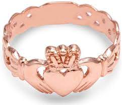14k Rose Gold Ladies Claddagh Ring With Trinity Band 8 Gold Claddagh Ring Claddagh Jewelry Gold Diamond Wedding Band