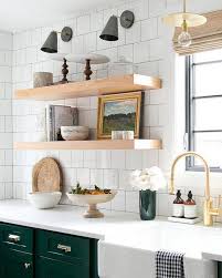 Modern Farmhouse Kitchen With Chunky Floating Shelves And White Tile Backsplash Interior Des Home Decor Kitchen Modern Kitchen Cabinets Green Kitchen Cabinets