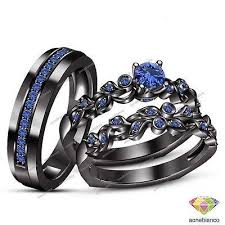 Sapphire Trio Wedding Ring His And Hers Bridal Bands Set 10k Black Gold Finish Black Gold Ring Wedding Ring Trio Sets Black Gold Jewelry