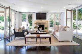 Bright new living room in an empty apartment with french doors and parquet wooden floors. 20 Living Room Ideas With French Doors
