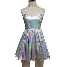 Silver Holographic Skater Dress With Spaghetti Strap And Flare Skirt Or Also Known As Skater Dress Holograp Holographic Dress Rave Outfits Holographic Fashion