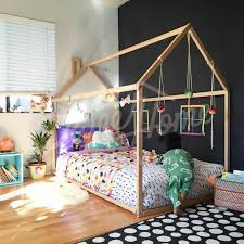 Wooden House Bed Frame Is An Amazing Floor Bed For Sleep And Play Wood House Bed Or Tent Bed Will Make Transitioning In 2020 House Frame Bed Kids Bed Frames Bed Tent