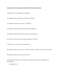 Antara peranan pemimpin pelajar di sekolah ialah memastikan peraturan sekolah dipatuhi.dengan adanya pengawas sekolah sebagai pemimpin pelajar,bilangan kes salah laku disiplin dalam kalangan murid sekolah dapat dikurangkan.hal ini kerana seorang pengawas yang dilantik semestinya seorang murid yang berpengaruh,bijak,berkaliber,berdisiplin dan bertanggungjawab ke atas setiap tugasan yang telah diamanahkan kepada mereka.apabila seseorang pengawas itu berpengaruh,dia mampu untuk mempengaruhi. Soalan Berkaitan Dengan Kem Kepimpinan Pengawas Docx