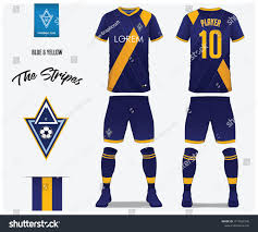 Soccer Jersey Or Football Kit Template For Football Club Blue And Yellow Stripe Football Shirt With Sock And Blue Shorts Mock Up Front And Back View Soccer Un