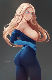 lit silium, sue storm, susan storm, fantastic four, marvel, highres, 1girl,  artist name, ass, blonde hair, blue eyes, bodysuit, breasts, curvy, gloves,  large breasts, lips, long hair, looking at viewer, nipples, open