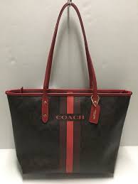 Coach Black And Brown Purse Coach Varsity City Zip Tote Dark Brown True Red Handbag F38405 Nwt 295 Red Handbag Zip Tote Handbag