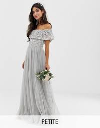 Maya Petite Bridesmaid Bardot Maxi Tulle Dress With Tonal Delicate Sequins In Soft Gray Asos Bridesmaid Dresses Lace Bridesmaids Lace Bridesmaid Dresses