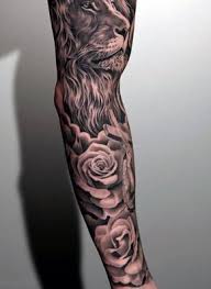 Black And White Floral With Lion Head Tattoo On Man Full Sleeve Tattoos For Guys Men Flower Tattoo Lion Head Tattoos