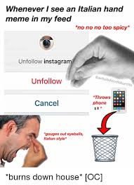 Whenever I See An Italian Hand Meme In My Feed No No No Too Spicy Unfollow Instagram Unfollow Throws Cancel Phone Gouges Out Eyeballs Italian Style Burns Down House Oc Meme