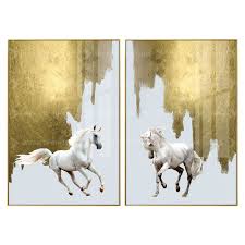 2 Pieces Gold Horse Animal Acrylic Wall Art Print Pictures On Canvas Painting Framed For Living Room Hom Gold Abstract Painting Horse Wall Art Acrylic Wall Art