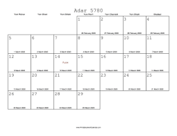 The hebrew date is the lunisolar jewish calendar based. Adar 5780 Calendar With Gregorian Equivalents