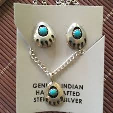 Vintage Stunning Native American Navajo Matthew White? Sterling Silver and  Turquoise Bear Paw Necklace and Earrings Set