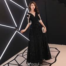 Chic Beautiful Black See Through Evening Dresses 2019 A Line Princess Square Neckline 1 2 Sleeves Glitter Sequins Floor Length Long Ruffle Backless Forma Prom Dresses Long With Sleeves Evening Dresses Dresses
