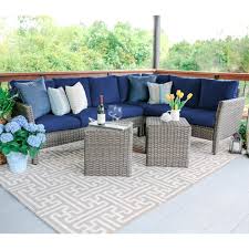 Leisure Made Canton 6 Piece Wicker Outdoor Sectional Set With Navy Cushions 768943 Nvy The Home Depot Wicker Outdoor Sectional Sectional Patio Furniture Patio Furniture Sets