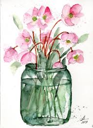 Drawing a bouquet of flowers in a jar on a white background. Pink Flowers In Glass Jar Painting By Larisa Maslova Saatchi Art