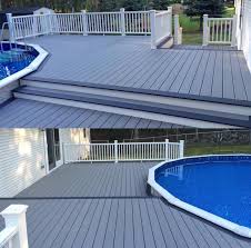 Check spelling or type a new query. Trex Pebble Grey And Winchester Grey Decking With Trex Transcend Railing Call Renewit Group To Schedule Your Best Above Ground Pool Wooden Pool Deck Pool Decks