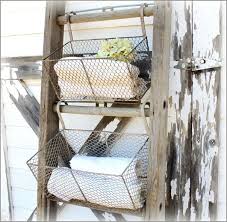 Rustic Repurposed Shelving Use An Old Ladder Section Hang Wire Baskets With Hooks Over The Rungs R Farmhouse Style Diy Wire Basket Shelves Wire Baskets