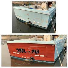 The Makeover Of A Fishing Charter Boat Transom Today With A Wood Grain Wrap And Boat Name Boat Wraps Vinyl Wrap Boat Brands