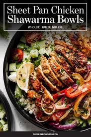Sheet Pan Chicken Shawarma Bowls The Real Food Dietitians Recipe Chicken Shawarma Sheet Pan Recipes Real Food Recipes