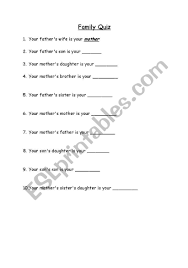 Nov 27, 2020 · these family quiz questions and answers are great for parents and kids to have fun together after stressful times at work or school. English Worksheets Family Quiz
