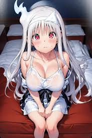 Anime girl with white hair and big breast sitting on a bed - SeaArt AI
