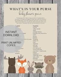 Printable What S In Your Purse Baby Shower Game Woodland Animal Theme Baby Shower Woodland Baby Shower Funny Baby Shower