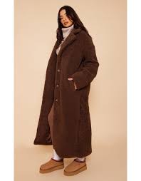Shop Brown Oversized Teddy Borg Cuff Detail Coat Online in Oman