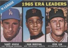 1966 Topps #221 NL ERA Leaders Sandy Koufax Juan Marichal Vern Law PSA 4  HOF