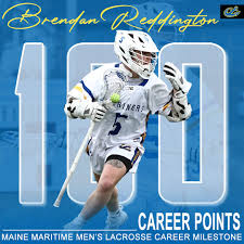 Congratulations to Junior Midfielder Brendan Reddington (Wallingford,  Conn.) for scoring his 100th career point in today's 20-10 NAC win over  SUNY Canton. Reddington becomes the 16th player in program history to reach
