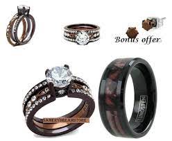 His Brown Camo And Her Chocolate Cz Stainless Steel Womens Wedding Ring Set Western Wedding Rings Womens Wedding Ring Sets Camo Wedding Rings