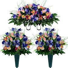 Their silk floral bouquets were half price plus i used a coupon! Sympathy Silks Artificial Cemetery Flowers 2 Cream Pink Tulips Purple Iris Bouquets With Vases Matching Saddle For Headstone Walmart Com Walmart Com