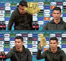 Pepsi's swedish department posted a lot of weird advert photos, picturing a ronaldo voodoo doll strapped to coach tracks and having its head crushed by a pepsi can. Kg70m8wigwgolm