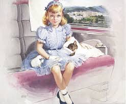 1959 Chessie Little Girl In Blue Girls Blue Dress Train Art Vintage Cat