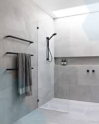 Black And Grey Bathroom Ensuite Bathroom With Skylight Grey Tiles Black Taps And Frameless Glass Bat Bathroom Tile Designs Bathroom Inspiration Modern Bathroom Design Inspiration