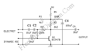 Single Transistor Microphone Pre Amplifier For Both Dynamic And Condenser Type Mics Electronic Circuit Diagram Electronics Circuit Circuit Diagram Amplifier