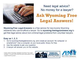 We did not find results for: Wyoming Free Legal Answers Hits Milestone Volunteer Lawyers Have Answered Over 200 Legal Questions For Low Income Residents Sweetwaternow