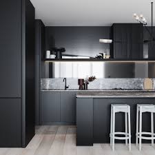 All Black Kitchen With Seamless Built In Cabinetry And Appliances Mid Century Modern Chandel Black Kitchens Kitchen Design Trends Neoclassical Interior Design