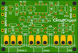 After adding input, power and speaker connectors from the seedstudio libs, some text. Audio Equalizer Tone Control Circuit With Bass Treble And Mid Frequency Control Using Op Amp