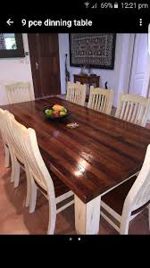 Each dining table is custom made to ensure only quality furniture is delivered to your home. 9 Peice Dining Table With Dark Timber Top And White Distressed Legs Timber Dining Table Square Dining Tables Dining Table