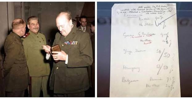 Churchill's “naughty document” - a late night back of the notebook  scribbled agreement with Stalin to divide up Eastern Europe by percentages  of control. Called “naughty” because Churchill felt he acted outside