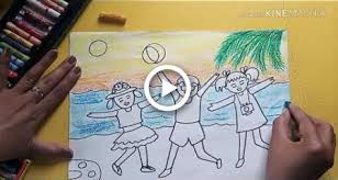Cartoon character drawing for kids. Easy Drawing For Kids On Summer Season Beach Scene Picnic Easy Drawings For Kids Drawing For Kids Easy Drawings